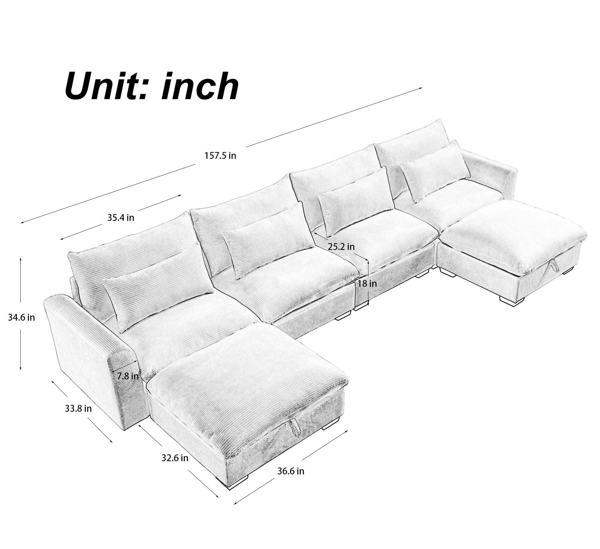 GoDoco Wide Body Modular Corduroy Sectional Sofa Set, U-Shape and L-Shape Deep Seating Couch with Storage Ottomans and Waist Pillows (Brown, 4-Seater + 2 * Ottoman)