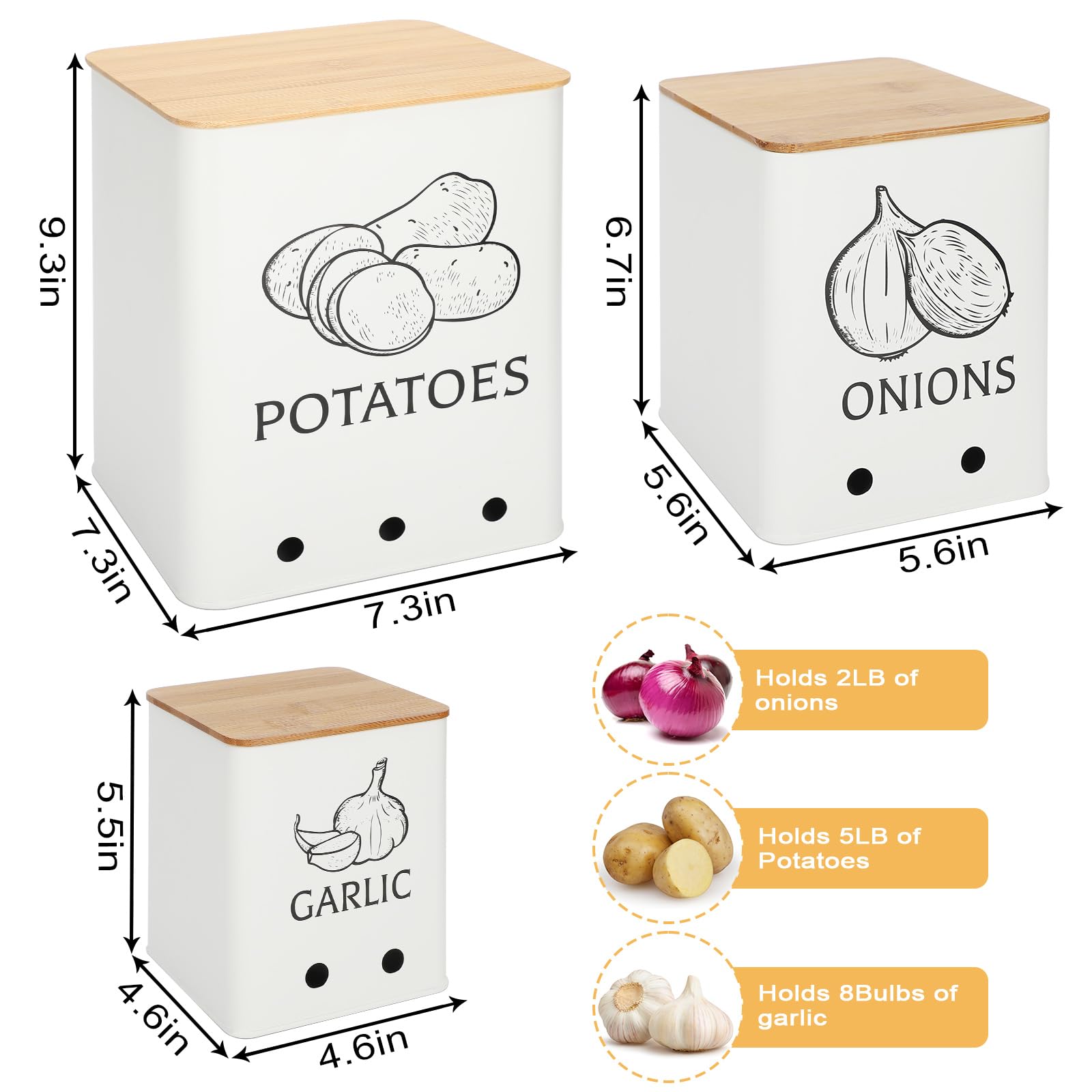 Moondust Wj 3 Pack Vegetable Storage Tins，Potatoes Storage，Metal Onion and Potato Storage Bins，Kitchen Potato and Onion Storage Bin，Onion Storage Containers with Aerating Holes and Wooden Lid.