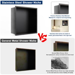 NearMoon Stainless Steel Shower Niche, NO Tile Needed Niche Recessed, Wall Niche for Bathroom Storage, Wall Hole Installation Shower Shelf 12.5×12.5 inches (Matte Black)