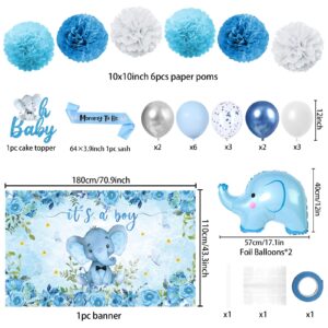 Vlipoeasn Elephant Baby Shower Decorations for Boy, Blue 42PCS Baby Shower Supplies, Mommy to Be Sash, It's a Boy Backdrop, Cake Topper, Cute Honeycomb, Hanging Swirl Flag, Baby Boy Shower Decor