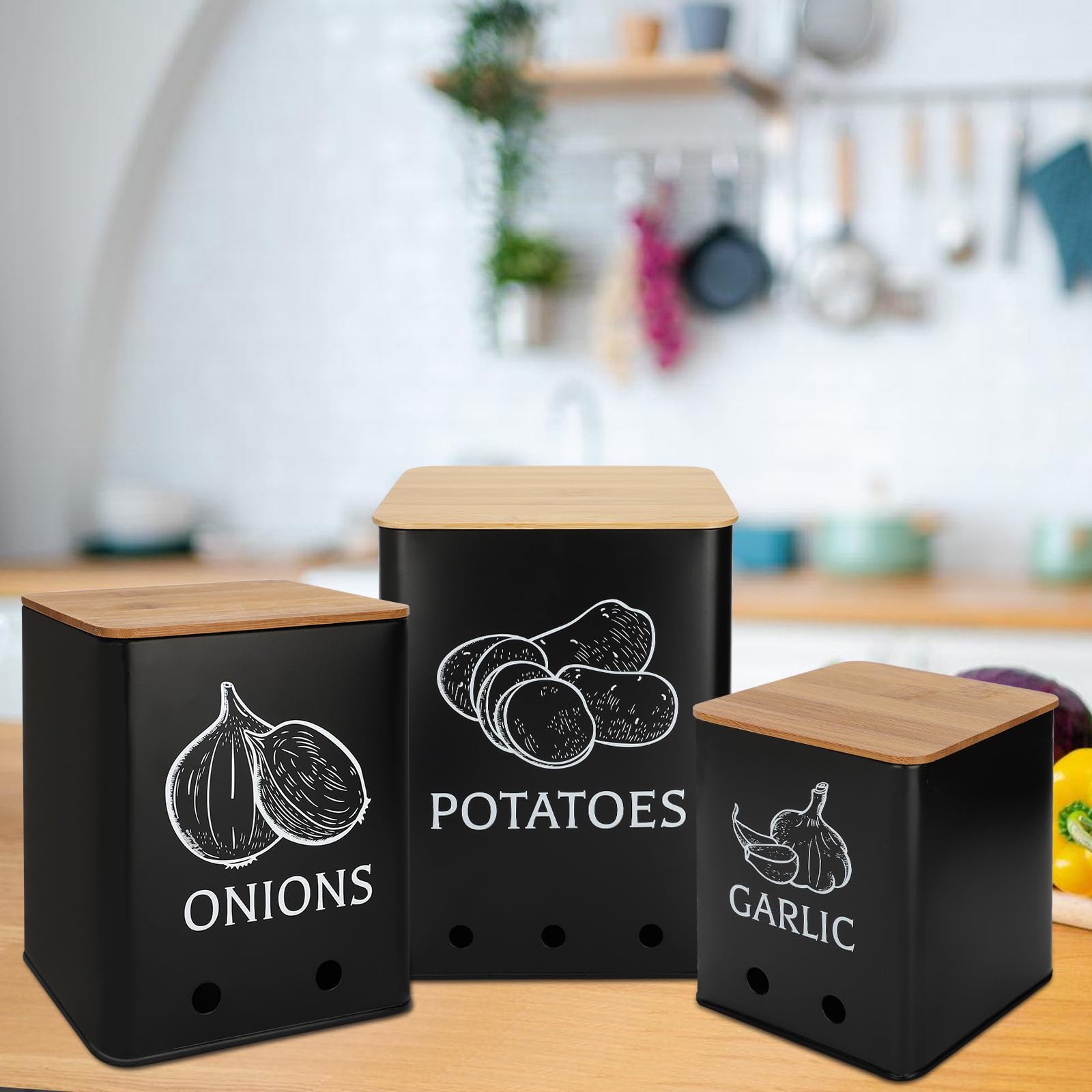 Moondust Wj 3 Pack Vegetable Storage Tins，Potatoes Storage，Metal Onion and Potato Storage Bins，Kitchen Potato and Onion Storage Bin，Onion Storage Containers with Aerating Holes and Wooden Lid.