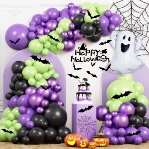 halloween balloon arch garland kit, jogams 164pcs halloween metallic purple green balloons with 3d bat stickers ghost balloons for spooky boo witch wizard theme halloween party decorations