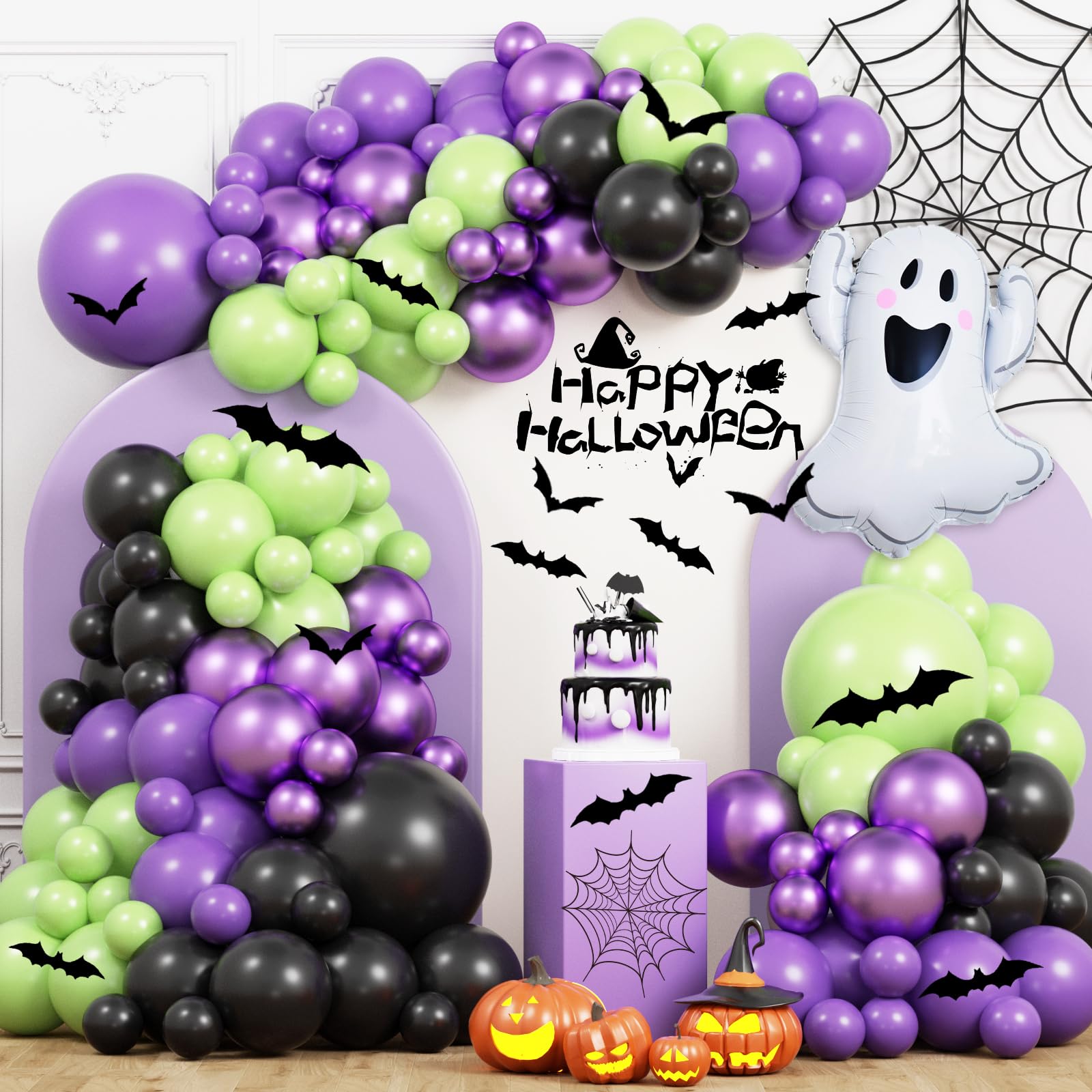 Halloween Balloon Arch Garland Kit, JOGAMS 164Pcs Halloween Metallic Purple Green Balloons with 3D Bat Stickers Ghost Balloons for Spooky Boo Witch Wizard Theme Halloween Party Decorations