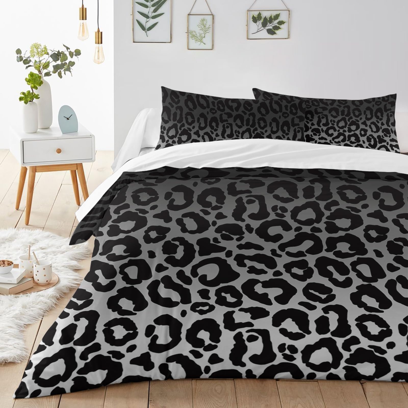 Ombre Leopard Duvet Cover Sets Black Grey Gradual Color Bedding Sets 3 Pcs Soft Comforter Covet Set Including 1 Quilt Cover 2 Pillow Cases, California King Comforter Cover Set with Zipper Closure