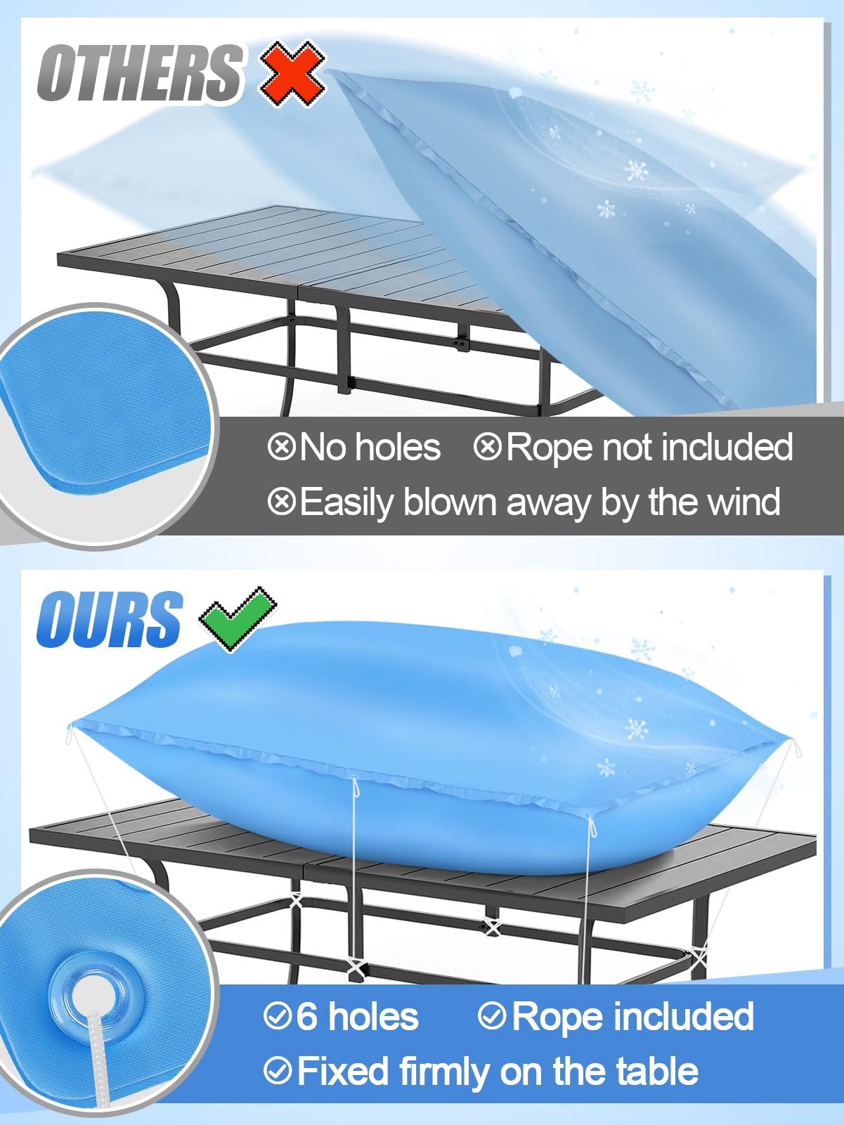 84" x 36" Patio Furniture Cover Airbag - No Leakage, with Rope to Fix, Reusable Weather Resistant Picnic Table Airbag Patio Table Cover Support for Outdoor Patio Furniture, Rectangular