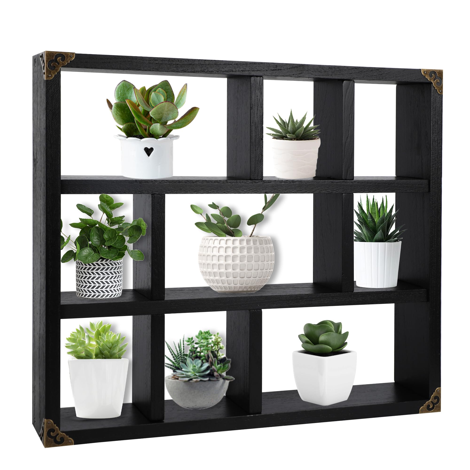 MITREL 17.7x15.7-Inch Shadow Box Shelf 9-Slot Rustic Floating Shelves Larger Wall Mounted Shelf Lightweight Solid Wood Display Shelf Freestanding Farmhouse Shelf (Set of 2,9C-Classic Black)