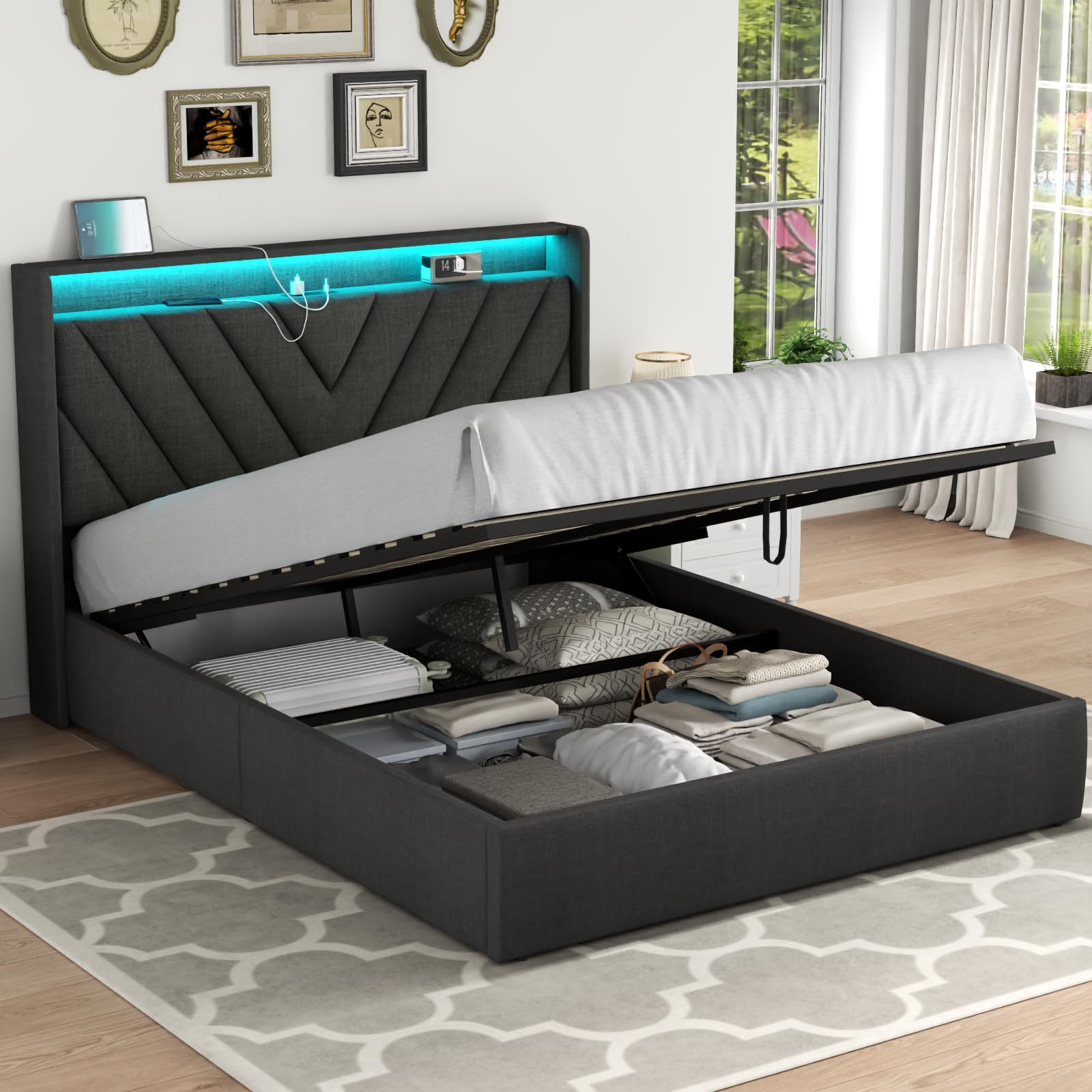 Loomie Queen Lift Up Bed Frame with Charging Station & LED Lights, Upholstered Bed with Modern Wingback Storage Headboard, Hydraulic Storage, No Box Spring Needed, Wood Slats Support, Dark Grey