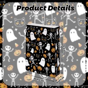 MEHOFOND 16 Pcs Halloween Paper Gifts Bags with Handles, Black Halloween Treat Bags, Skull Ghost Pumpkin Goodie Present Bags for Kids, Trick or Treat Candy Bags for Holiday, Halloween Party Supplies