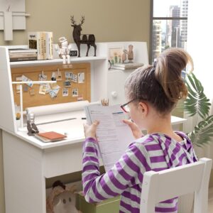 SFDOU Childrens Drawing Desk with Wooden Tabletop Paper Roll Dispenser, White Kids Desk and Chair Set for 5-12 Year Old, Kids Study Table with Drawers and Storage Shelf-Kps1zi