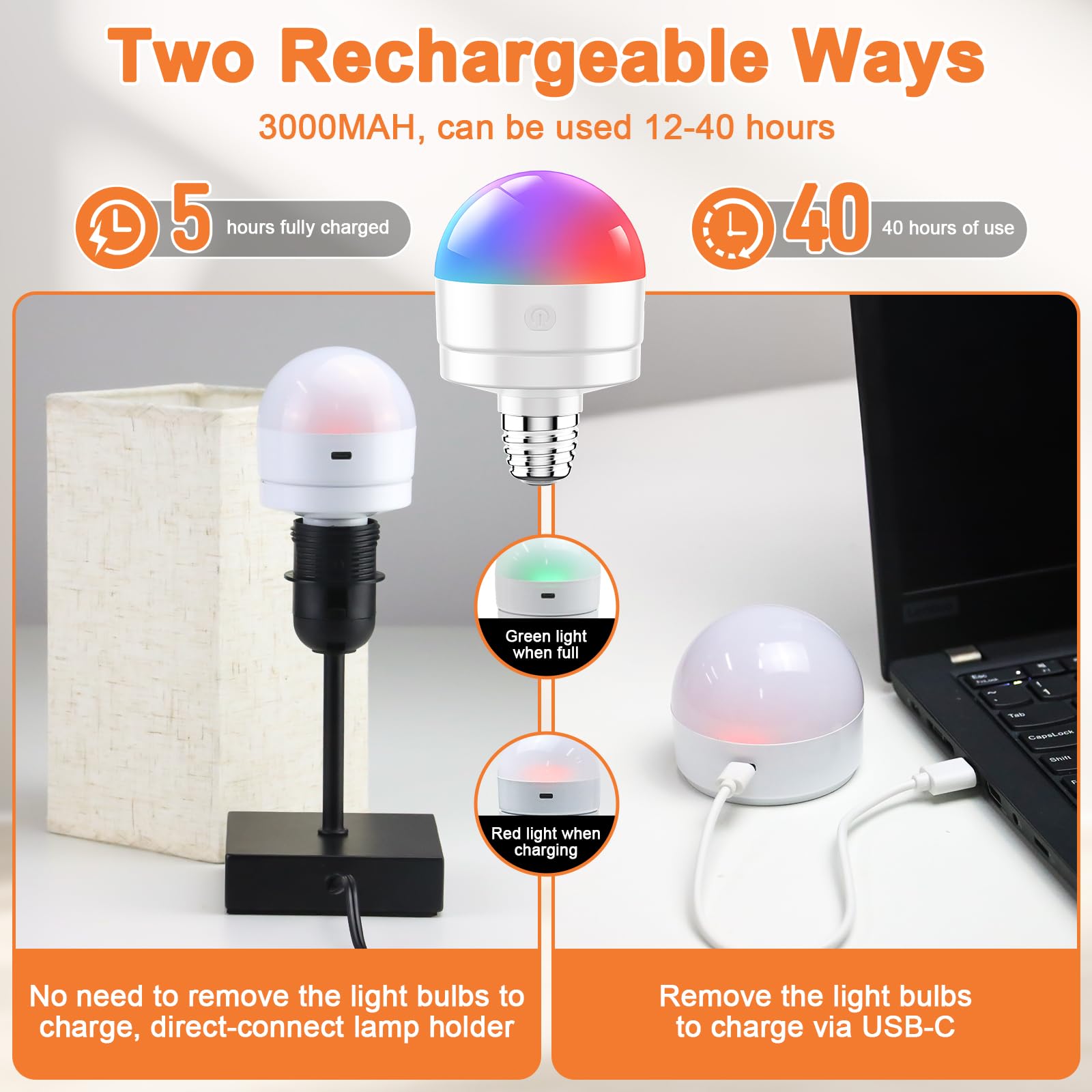 SPYONG Rechargeable Light Bulbs with Remote, Battery Operated Light Bulb with Dual Recharging Ways, 350LM Dimmer E26 Detachable LED Emergency Light with 13 Colors Optional &3 Timer,Non-Hardwired,2Pcs