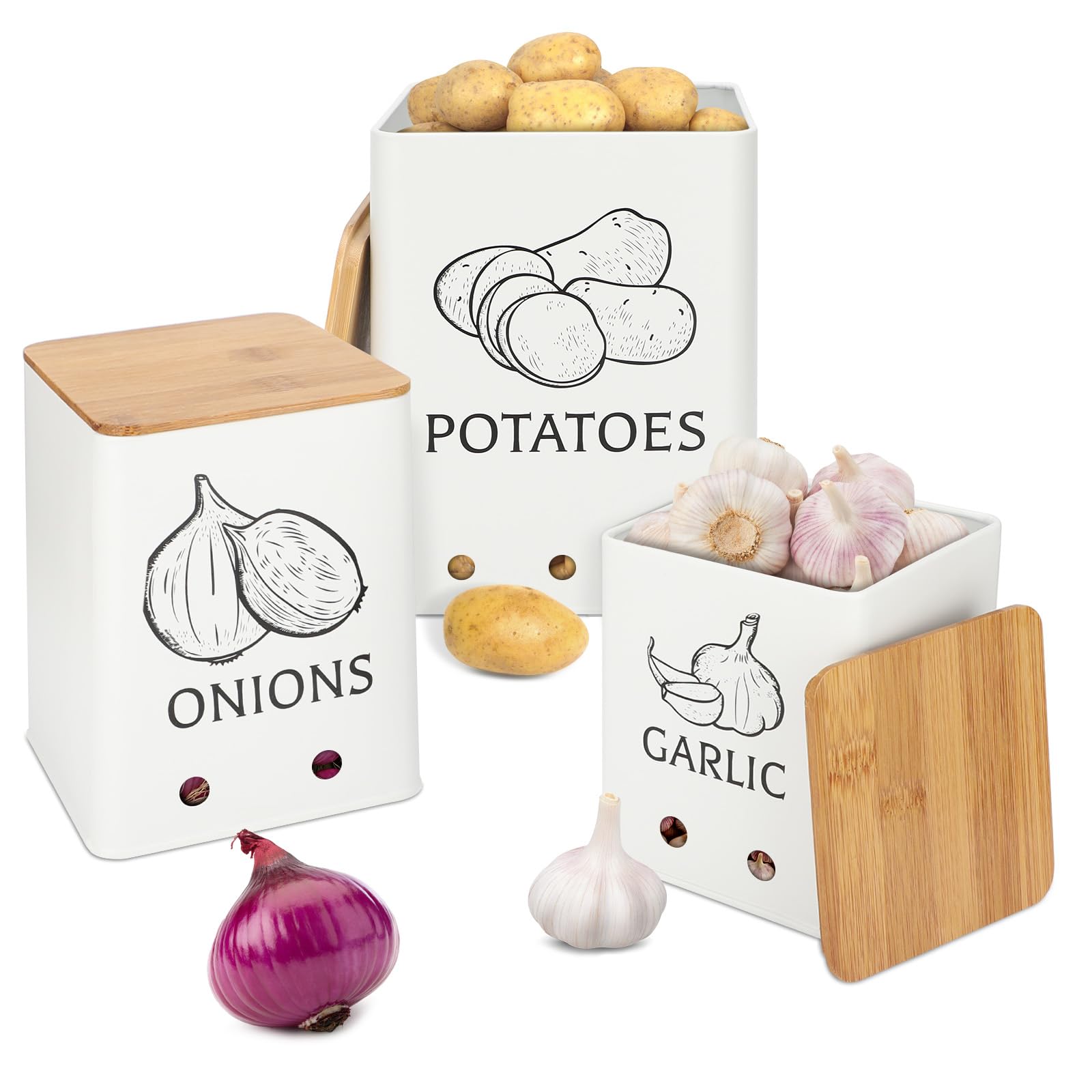 Moondust Wj 3 Pack Vegetable Storage Tins，Potatoes Storage，Metal Onion and Potato Storage Bins，Kitchen Potato and Onion Storage Bin，Onion Storage Containers with Aerating Holes and Wooden Lid.