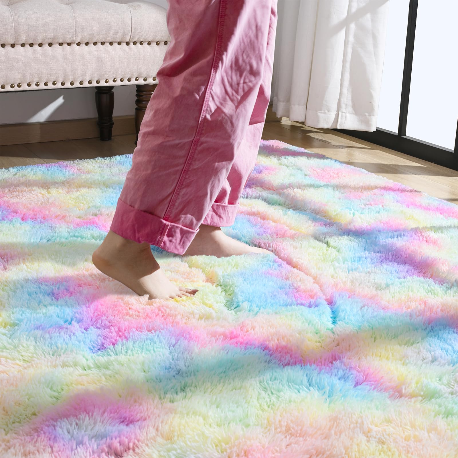 Softlife Area Rug for Bedroom, 4x6 Feet Plush Fluffy Rug for Living Room, Tie-Dyed Rainbow Shag Rug for Aesthetic Room Decor, Ultra Soft Modern Fuzzy Faux Fur Carpet for Kids Nursery Room Dorm