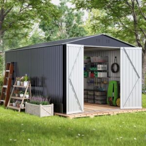 generic outdoor sheds 8ft x 12ft & outdoor storage clearance, metal anti-corrosion utility tool house with lockable door & shutter vents, waterproof storage garden shed for backyard lawn patio, gray