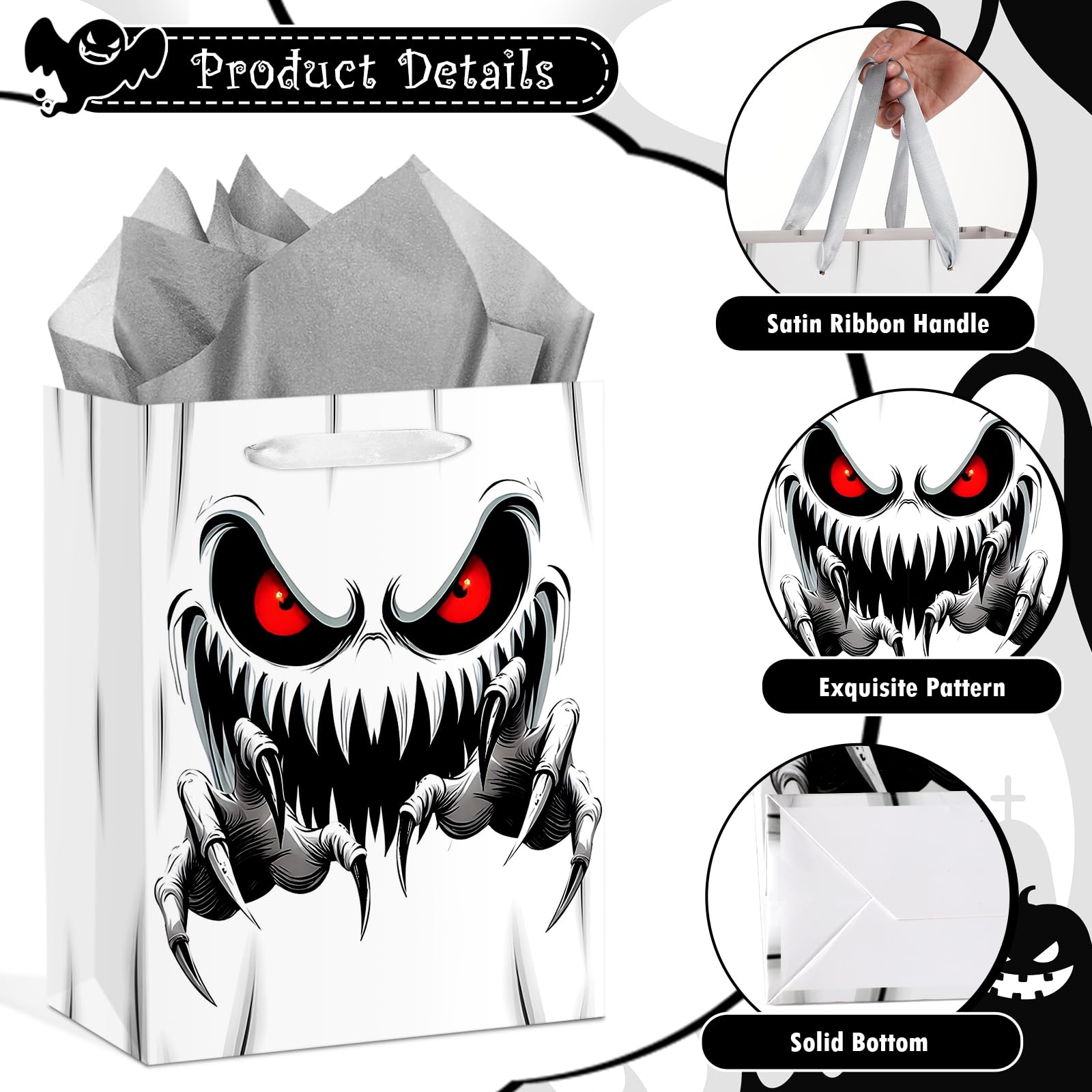 13" Large Halloween Paper Gift Bag Trick or Treat Gift Bag with Card Tissue Paper White Ghost Wrapping Paper Bag Halloween Candy Bag for Halloween Party Decorations Holiday Birthday Favors Supplies