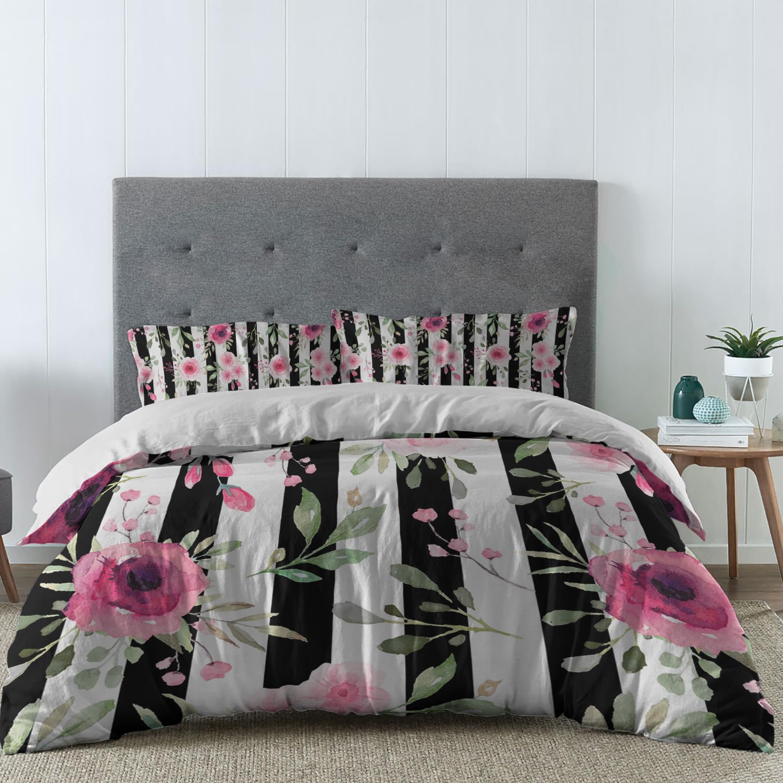 Pink Flowers Illustration Duvet Cover Sets Black and White Stripe Bedding Sets 3 Pcs Comforter Covet Set Including 1 Quilt Cover 2 Pillow Cases, California King Comforter Cover Set with Zipper Closure