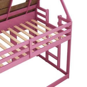 SOFTSEA Pink House Bunk Bed with Roof Low Bunk Bed with Slide for Girls, Twin Over Twin