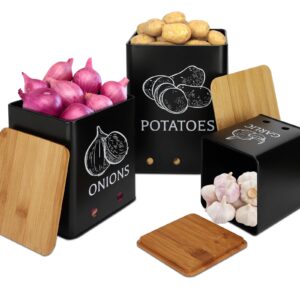 Moondust Wj 3 Pack Vegetable Storage Tins，Potatoes Storage，Metal Onion and Potato Storage Bins，Kitchen Potato and Onion Storage Bin，Onion Storage Containers with Aerating Holes and Wooden Lid.