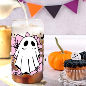 GeoJedrmin Halloween Ghost Cups - 16 oz Glass Cups with Lids and Straws, Halloween Ghost Tumblers Coffee Mugs, Halloween basket, Boo basket stuffers for her, Halloween basket for Women Teen