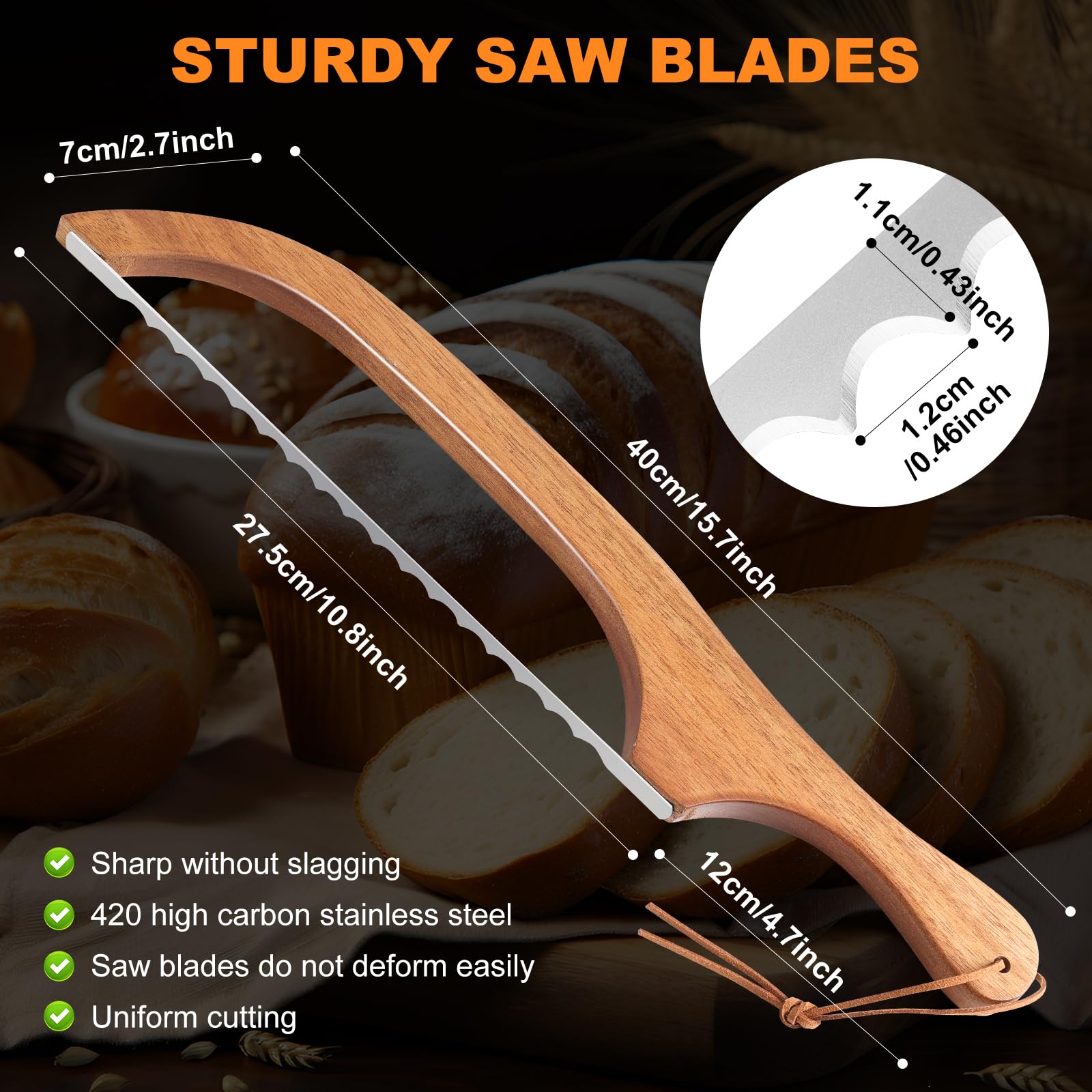 HAOIOKSC Bread Slicer for Homemade Bread, 15.7 In Wooden Sourdough Bread Knife- Ergonomic Design, Premium Stainless Steel Serrated Bread Bow Knife for Precise Cutting Baguettes Bagels