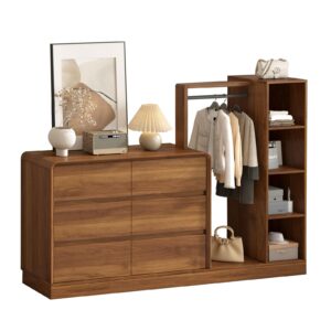 messenya dresser with hanging racks&open shelf bookcase，dresser for bedroom with 6 drawers dresser with clothes rack, 4-tier bookshelf wood storage unit