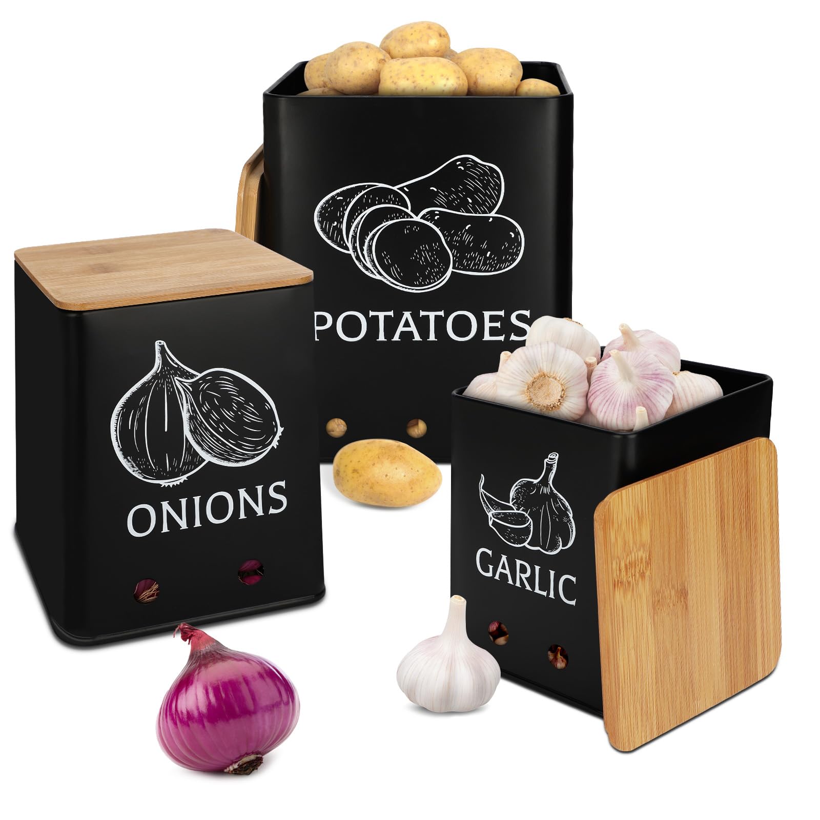 Moondust Wj 3 Pack Vegetable Storage Tins，Potatoes Storage，Metal Onion and Potato Storage Bins，Kitchen Potato and Onion Storage Bin，Onion Storage Containers with Aerating Holes and Wooden Lid.