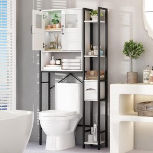 over the toilet storage with cabinet, bathroom storage organizer above toilet with heavy-duty metal frame & adjustable shelf, freestanding space-saving storage rack for laundry room,bathroom (white)