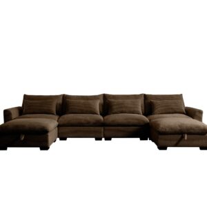 GoDoco Wide Body Modular Corduroy Sectional Sofa Set, U-Shape and L-Shape Deep Seating Couch with Storage Ottomans and Waist Pillows (Brown, 4-Seater + 2 * Ottoman)