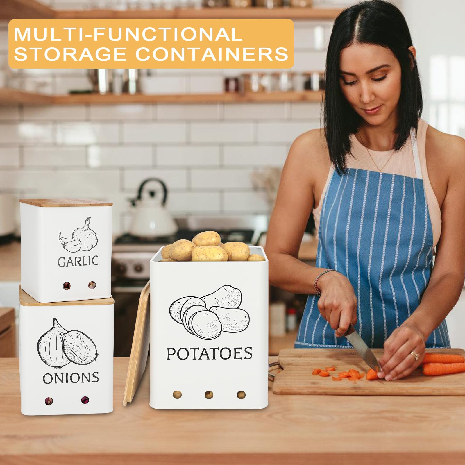 Moondust Wj 3 Pack Vegetable Storage Tins，Potatoes Storage，Metal Onion and Potato Storage Bins，Kitchen Potato and Onion Storage Bin，Onion Storage Containers with Aerating Holes and Wooden Lid.