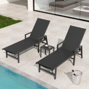 WOAJUQO Aluminum Chaise Lounge Chair Outdoor (Set of 2) -Patio Lounge Chair with Wheels and 5-Position Adjustable Backrest and Outdoor Recliner Full Flat Tanning Chair for Beach,Patio,Lawn,Pool,Black