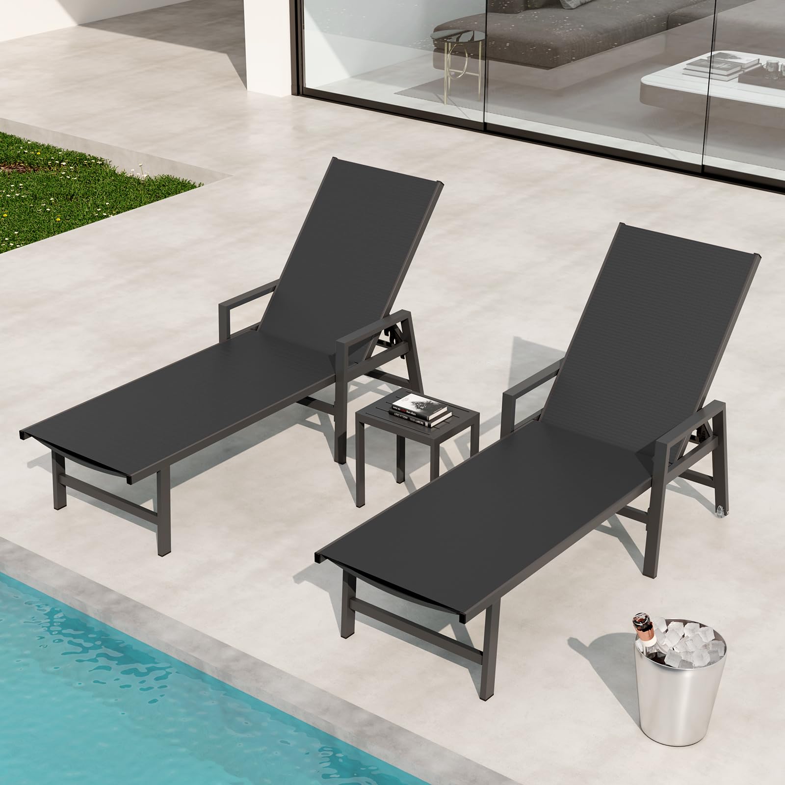 WOAJUQO Aluminum Chaise Lounge Chair Outdoor (Set of 2) -Patio Lounge Chair with Wheels and 5-Position Adjustable Backrest and Outdoor Recliner Full Flat Tanning Chair for Beach,Patio,Lawn,Pool,Black