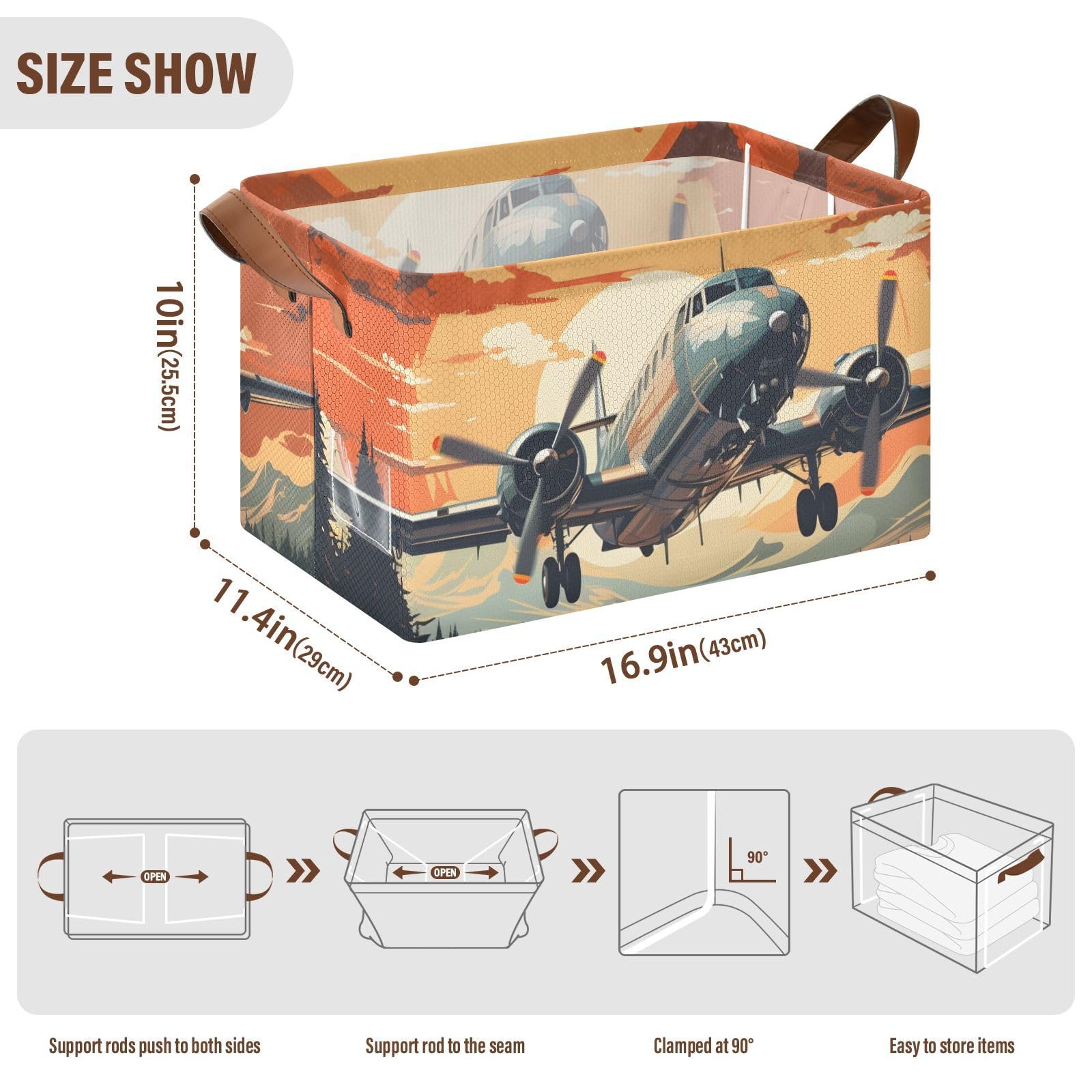 ZENWAWA Storage Cubes 1 Pack Retro Airplane Print with Foldable Steel Frame Water Resistant Fabric, Storage Bins Baskets for Closet Shelf Organizer 16.9×11.4×7.7 inches