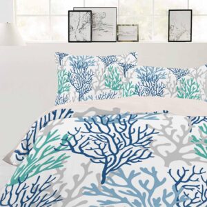 DecorLovee California King Duvet Cover Set - Blue Teal Grey Coral Coastal 4 Pcs Comforter Cover Bedding Sets, Summer Beach Nautical Ocean Microfiber Bed Sheet Soft Quilt Cover with 2 Pillow Shams