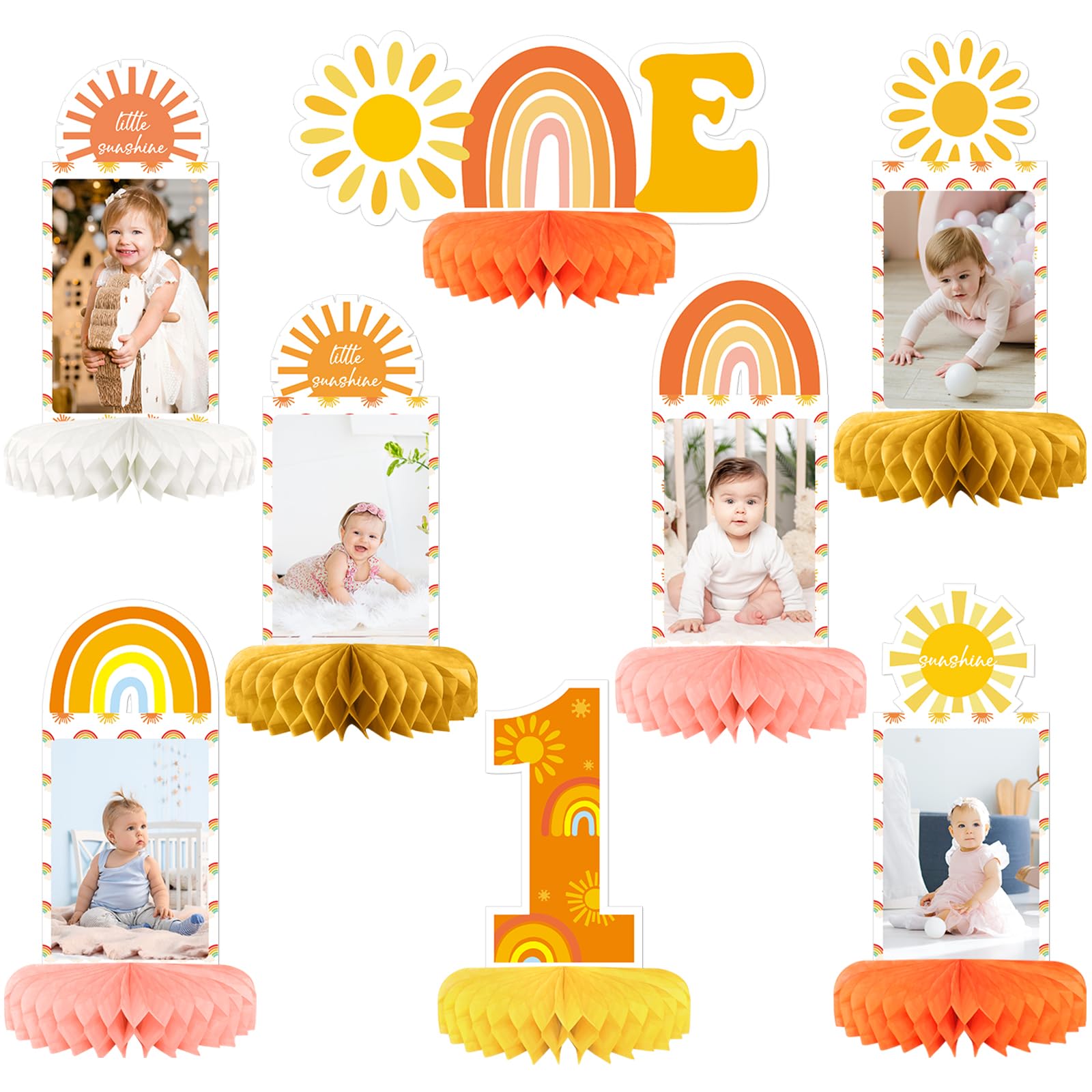 ojustbeok Boho Sun Photo Honeycomb Centerpiece for 1st Baby Birthday Decorations Sunshine Birthday Table Topper Centerpiece Boho Rainbow Baby Shower Party Supplies for Baby Boys Girls Birthday