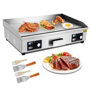 29" commercial stainless steel electric griddle, 3000w non-stick electric countertop griddle with fluted surface, 110v restaurant teppanyaki flat top grill, adjustable temperature control 122°f-572°f