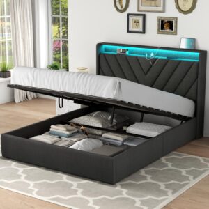 loomie queen lift up bed frame with charging station & led lights, upholstered bed with modern wingback storage headboard, hydraulic storage, no box spring needed, wood slats support, dark grey