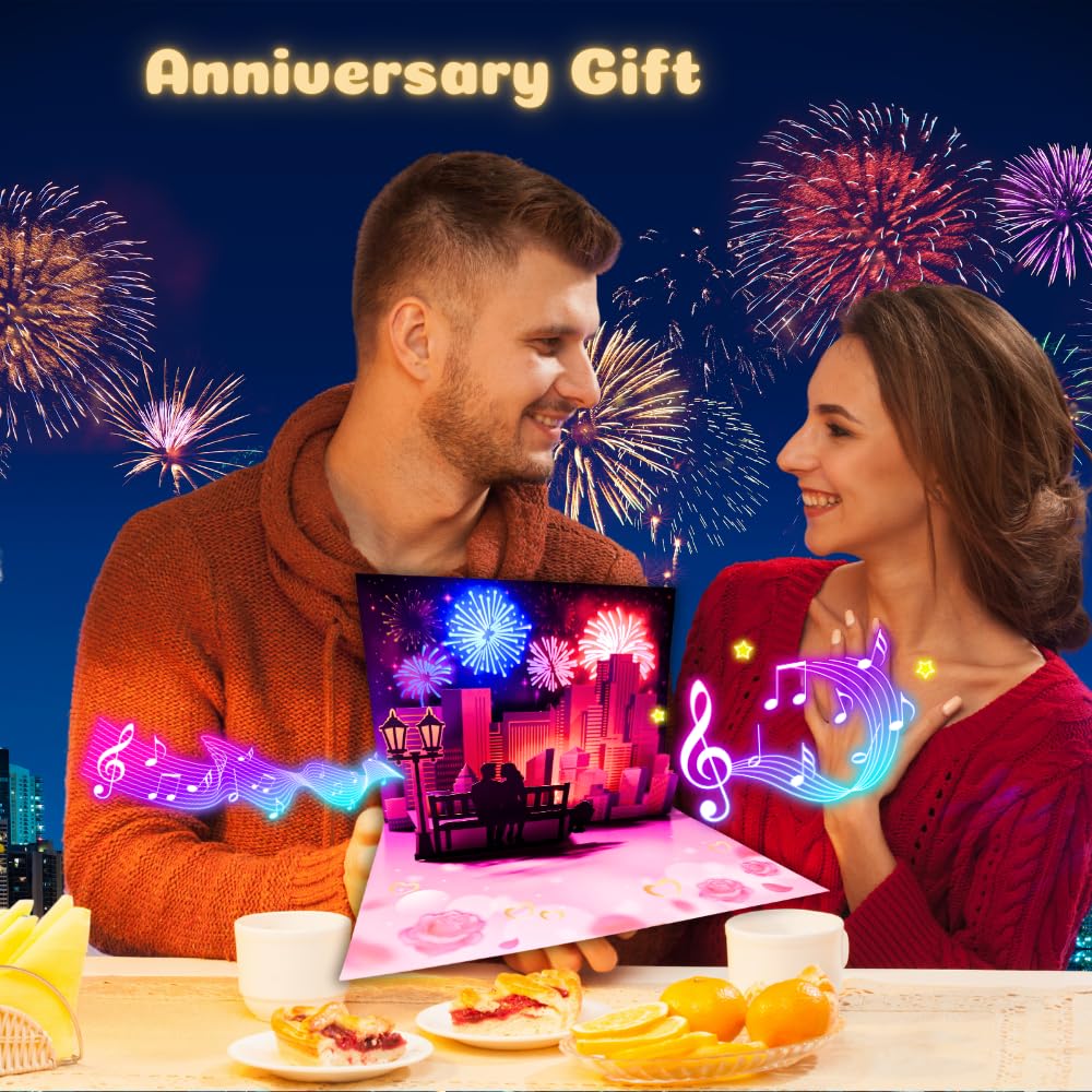 APOTODITO Anniversary Pop up Cards, Musical Anniversary Card with Light and Music, Happy Anniversary Cards for Men Women Couple Wife Husband Valentine (Pink)