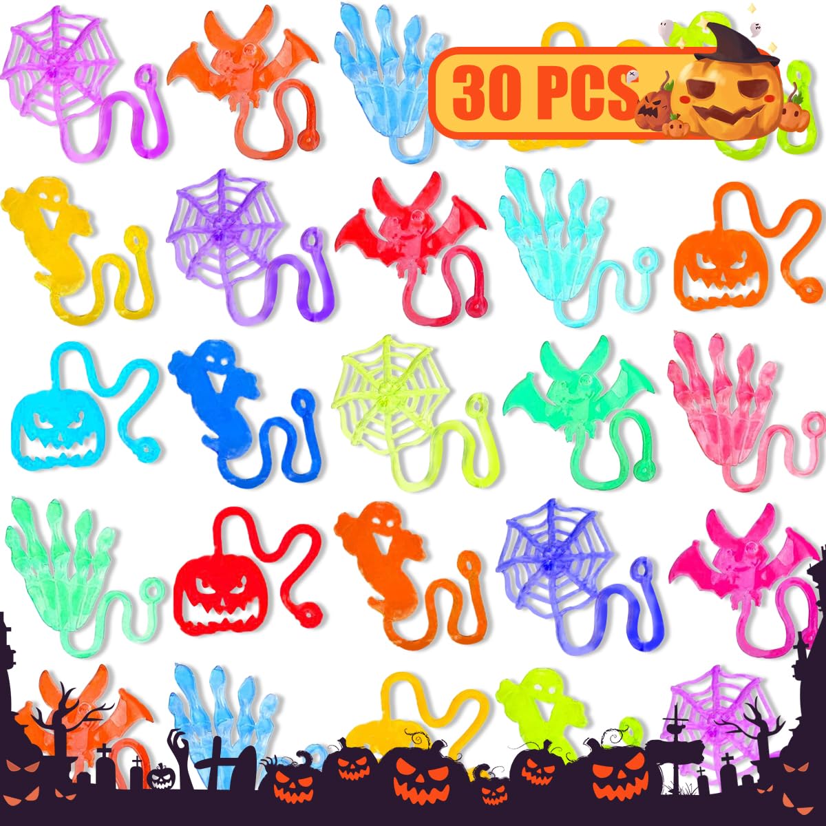 30pcs Halloween Sticky Hands Party Favors Toys for Kids，Skull Skeleton Bat Ghost Pumpkin Styles Sticky Stretchy Toys For Goodie Bags，Classroom Prizes Halloween Trick or Treat, Halloween Exchange Toys