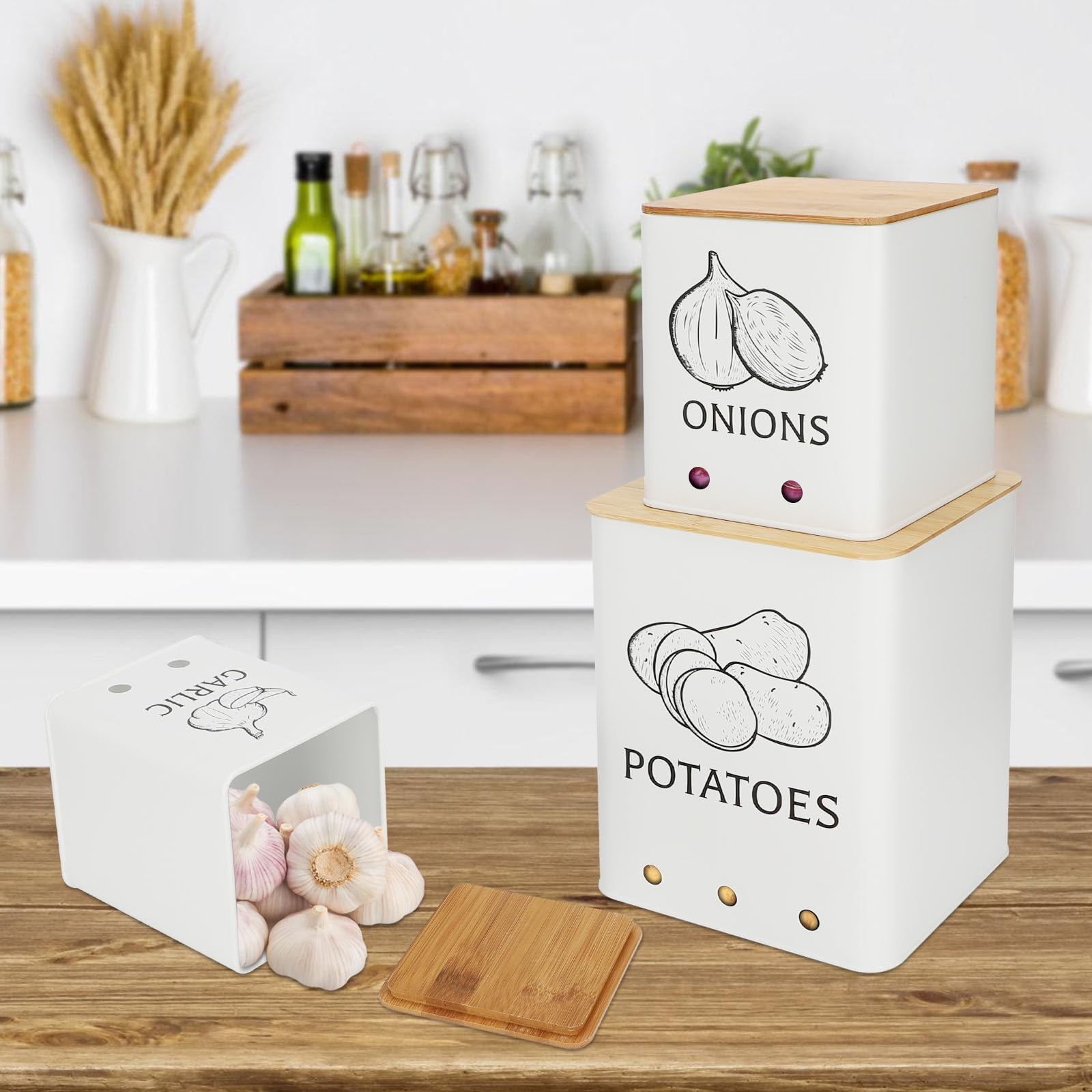 Moondust Wj 3 Pack Vegetable Storage Tins，Potatoes Storage，Metal Onion and Potato Storage Bins，Kitchen Potato and Onion Storage Bin，Onion Storage Containers with Aerating Holes and Wooden Lid.