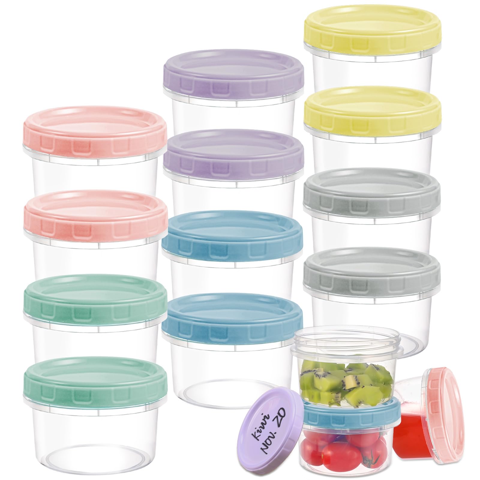 Yomarket 12pcs 8 oz Plastic Containers with Screw Lids, Reusable Clear Food Storage Containers with Pen and Brush for Snack Salad Fruit, Leakproof Small Freezer Containers, Microwave & Dishwasher Safe