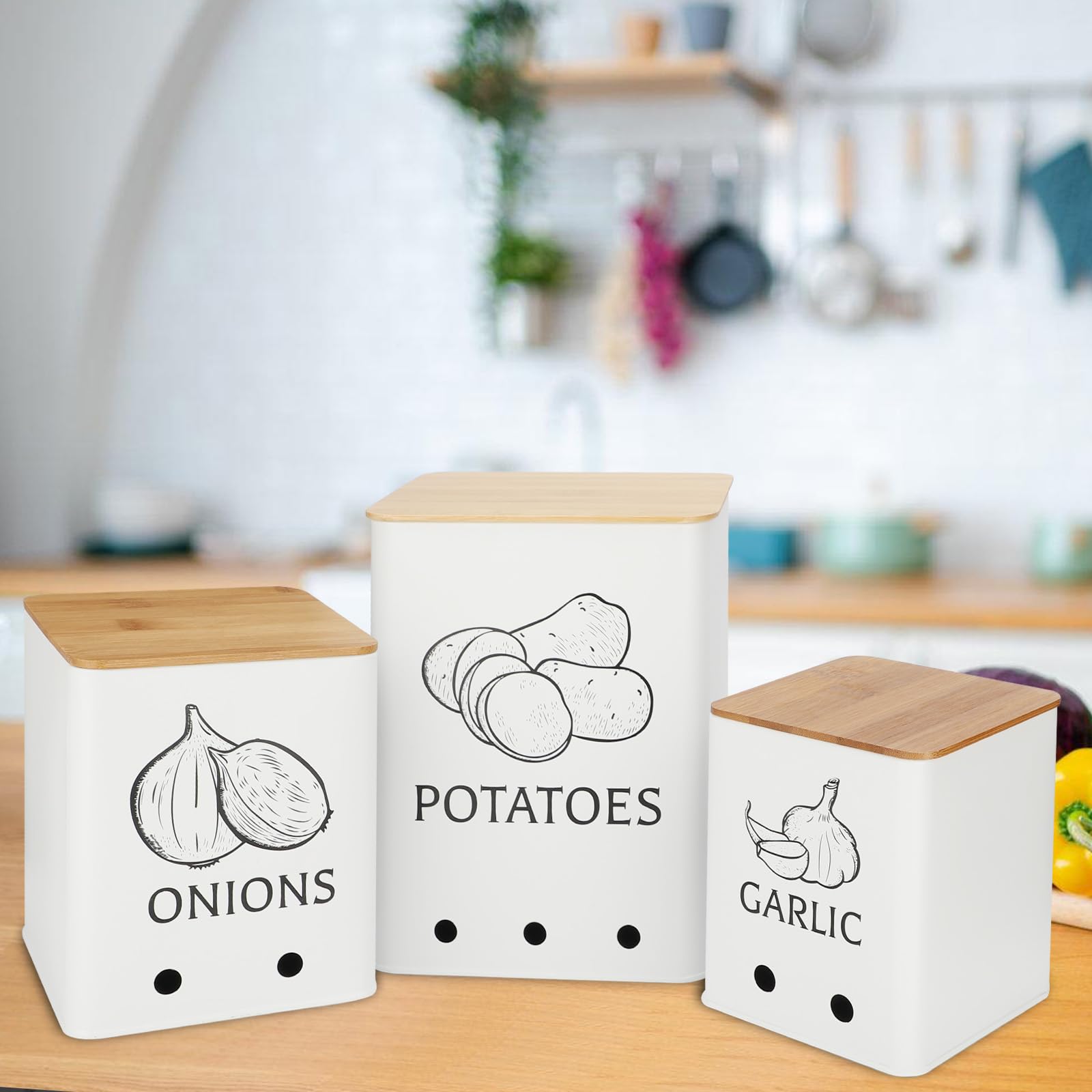 Moondust Wj 3 Pack Vegetable Storage Tins，Potatoes Storage，Metal Onion and Potato Storage Bins，Kitchen Potato and Onion Storage Bin，Onion Storage Containers with Aerating Holes and Wooden Lid.