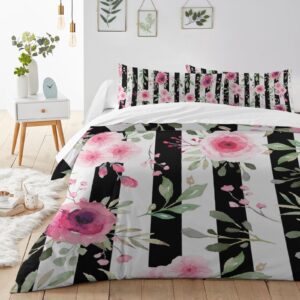 Pink Flowers Illustration Duvet Cover Sets Black and White Stripe Bedding Sets 3 Pcs Comforter Covet Set Including 1 Quilt Cover 2 Pillow Cases, California King Comforter Cover Set with Zipper Closure