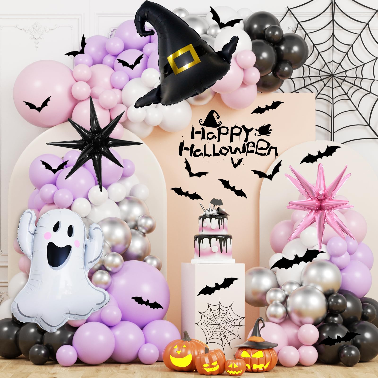 Pink Halloween Balloon Garland Arch Kit, JOGAMS 176Pcs Pink Purple Halloween Decor with Ghost Spooky Starburst Foil Balloons Bat Stickers for Birthday Baby Shower Halloween Party Decorations for Girls