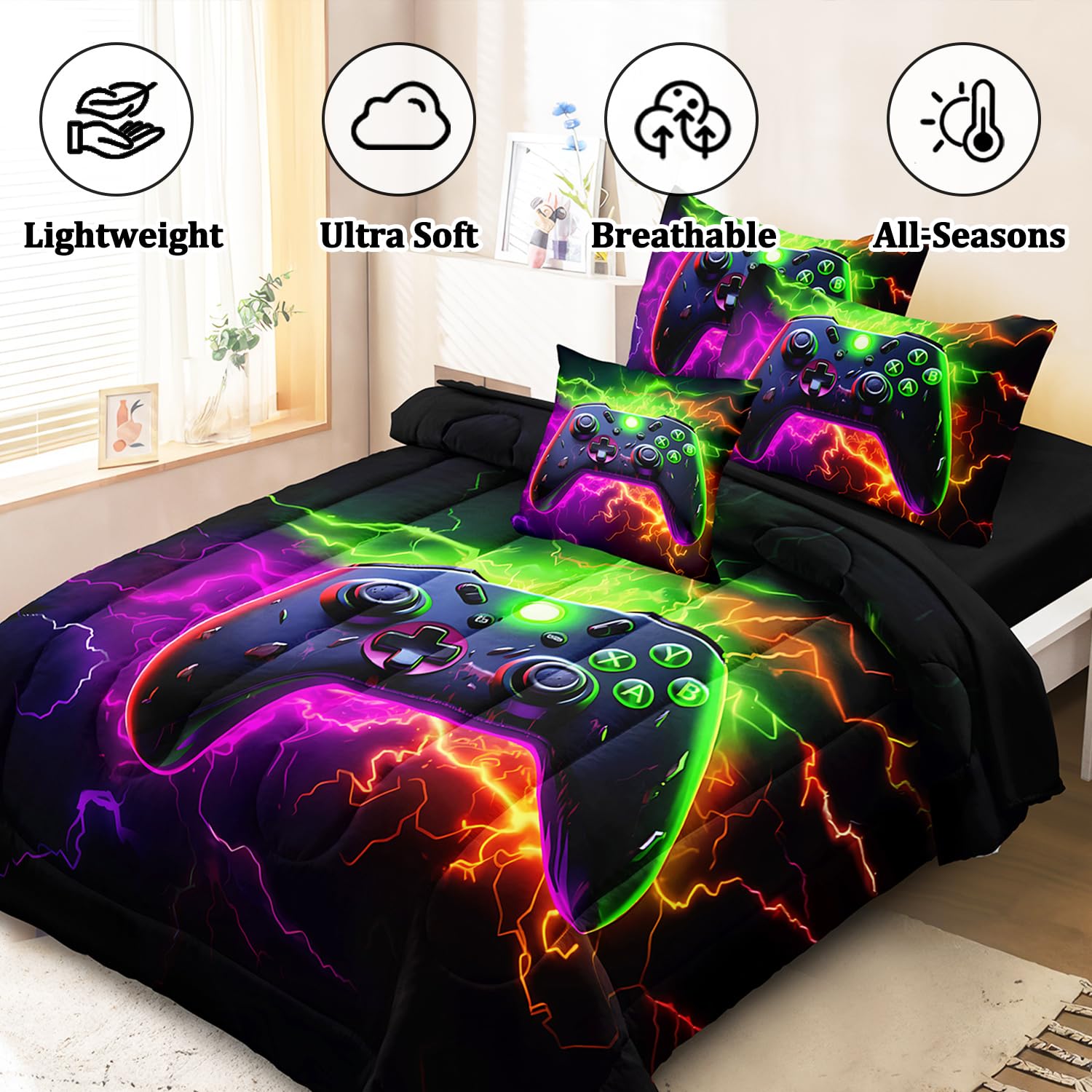 BERTSUCA Twin Gamer Bedding Sets for Boys Teen, 4 Pcs Gaming Twin Comforter Set for Boys, Kids Twin Bedding Set for All Season