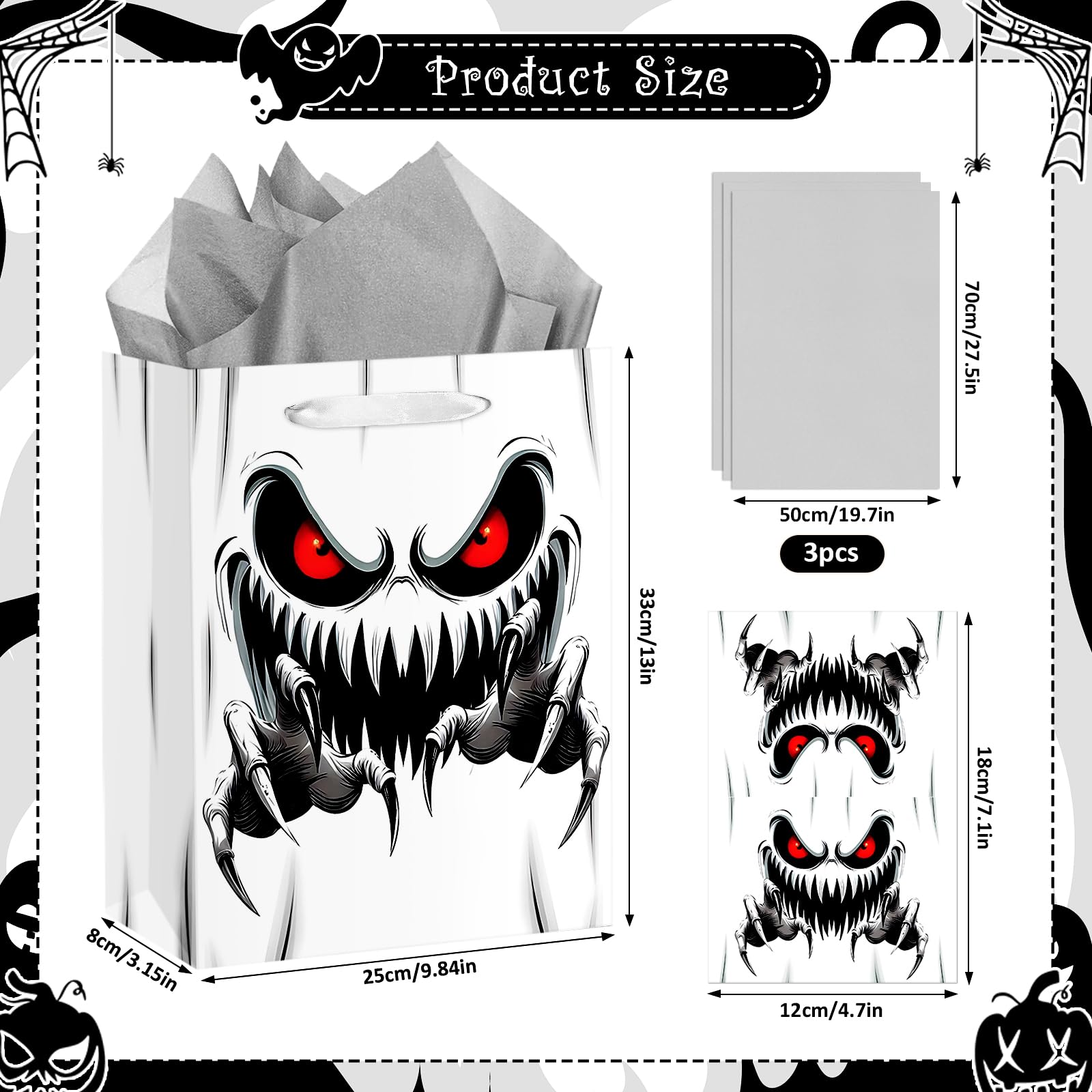 13" Large Halloween Paper Gift Bag Trick or Treat Gift Bag with Card Tissue Paper White Ghost Wrapping Paper Bag Halloween Candy Bag for Halloween Party Decorations Holiday Birthday Favors Supplies