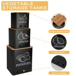 Moondust Wj 3 Pack Vegetable Storage Tins，Potatoes Storage，Metal Onion and Potato Storage Bins，Kitchen Potato and Onion Storage Bin，Onion Storage Containers with Aerating Holes and Wooden Lid.