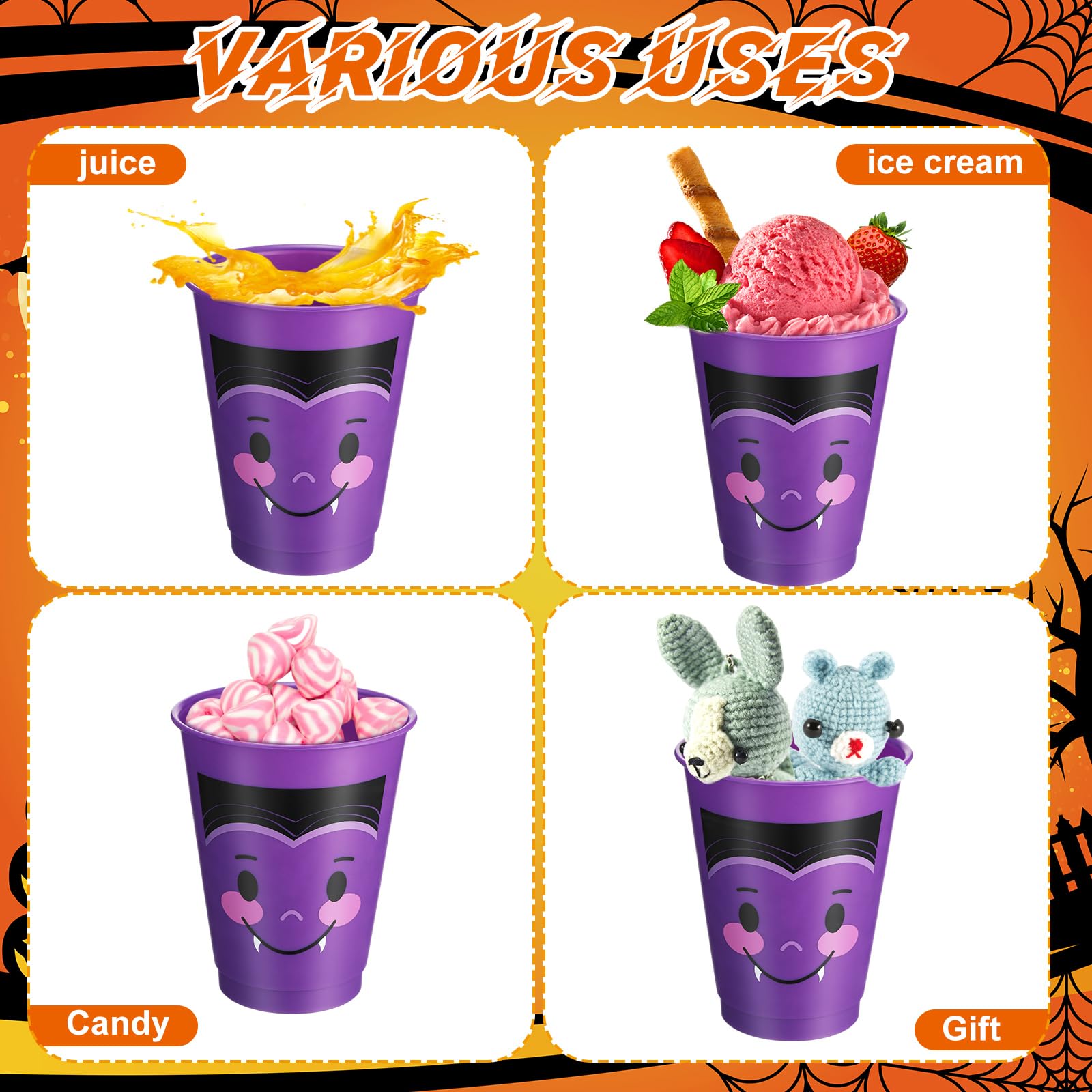 Suttmin 24 Pcs Halloween Party Cups 16 oz Halloween Disposable Plastic Tumbler with Lid and Straw in 4 Colors for Coffee Tea Cold Drinks Party Favors Supplies (Orange, Green, Purple, Pink)