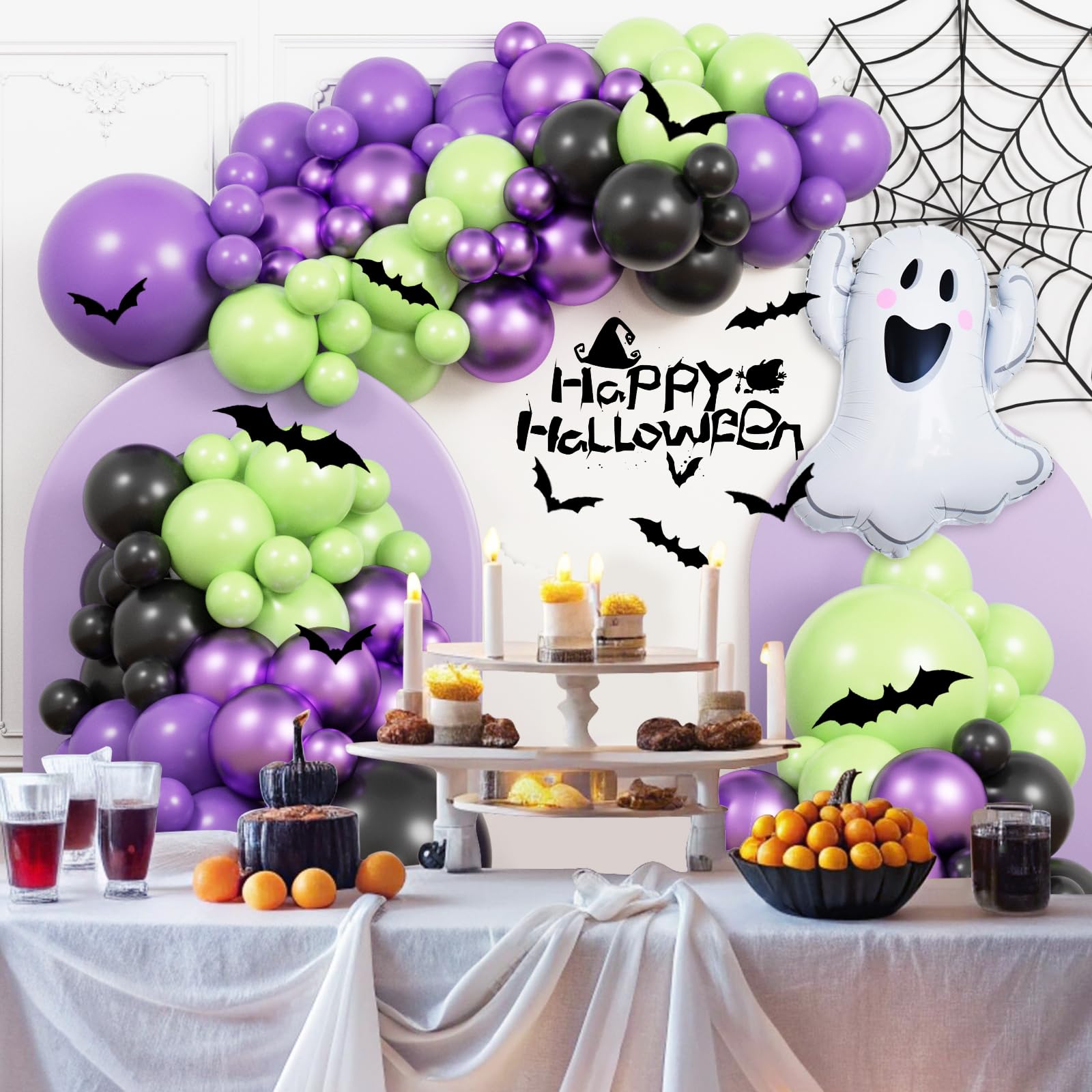 Halloween Balloon Arch Garland Kit, JOGAMS 164Pcs Halloween Metallic Purple Green Balloons with 3D Bat Stickers Ghost Balloons for Spooky Boo Witch Wizard Theme Halloween Party Decorations