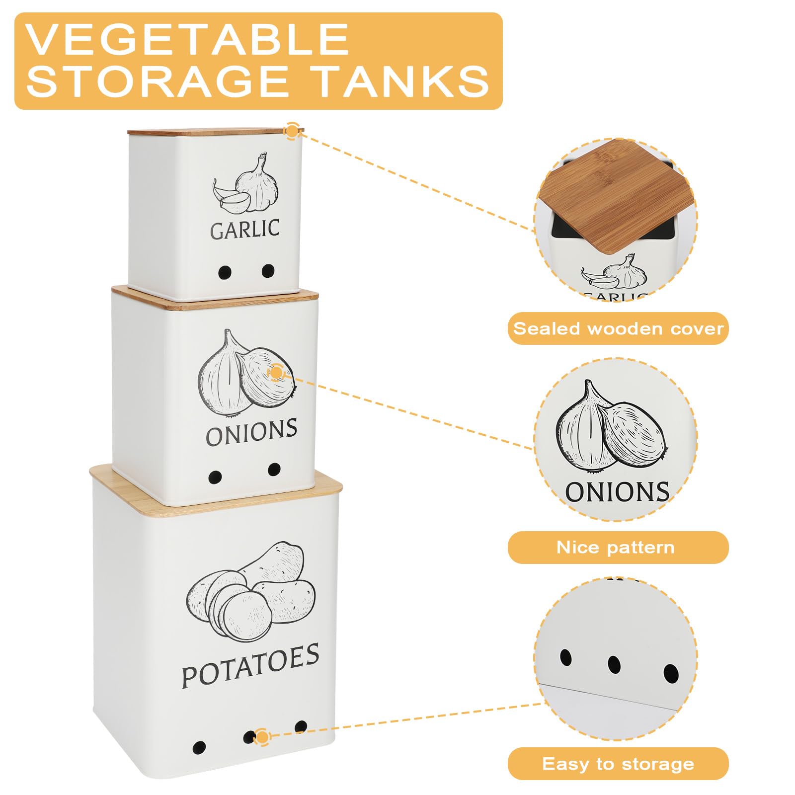 Moondust Wj 3 Pack Vegetable Storage Tins，Potatoes Storage，Metal Onion and Potato Storage Bins，Kitchen Potato and Onion Storage Bin，Onion Storage Containers with Aerating Holes and Wooden Lid.