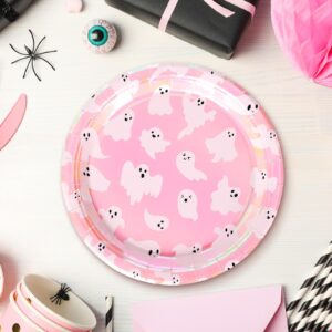 JarThenaAMCS 40Pcs Halloween Paper Plates Pink Ghost Foil Holographic Disposable Round Plates 9 Inch Cute Cartoon Iridescent Decorative Tableware for Birthday Baby Shower Party Decor Supplies