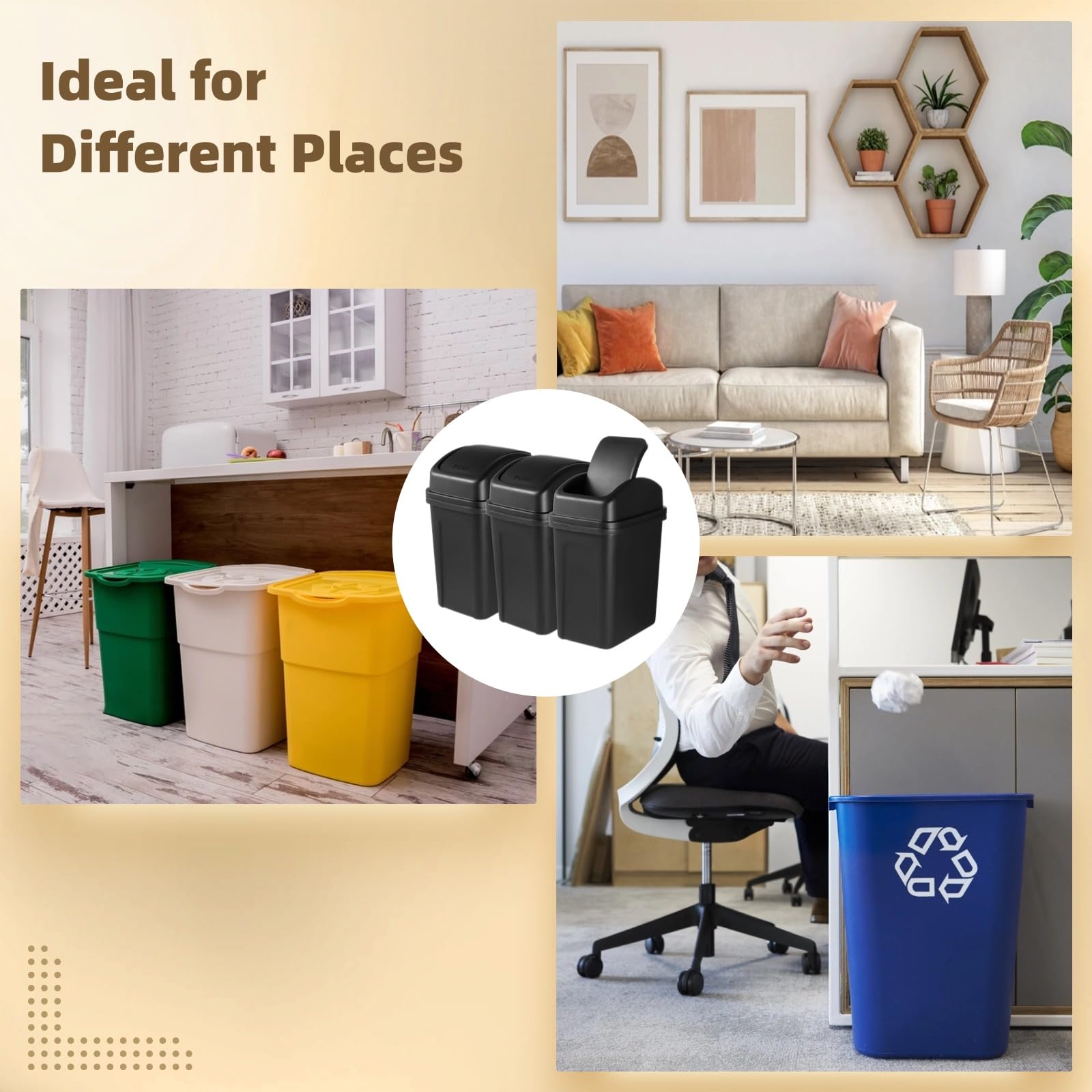 Homaisson 3 Pcs Trash Can with Swing Lid, 4.5 Gallon Plastic Garbage Can, Swing Top Trash Can, Slim Trash Can for Kitchen, Garage, Workspace, Black